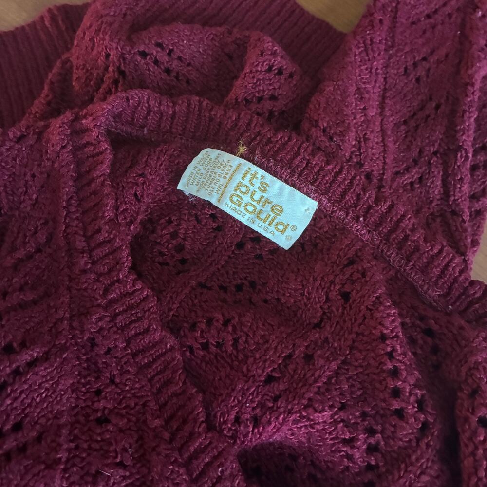 Vintage 80s Burgundy Crochet Knit Sweater Medium, Open Weave Ribbed Trim Top - Picture 9 of 16